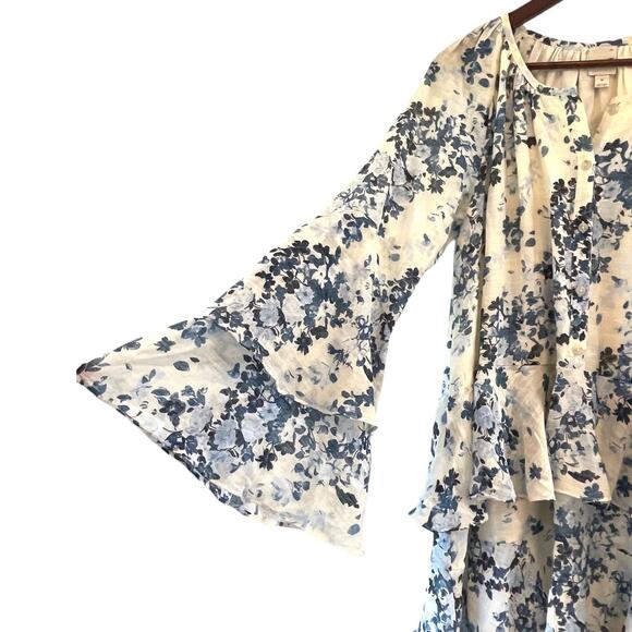 Anthropologie Maeve Long-Sleeve V-Neck Mini Swing Dress Blue Floral Medium New - Picture 6 of 10